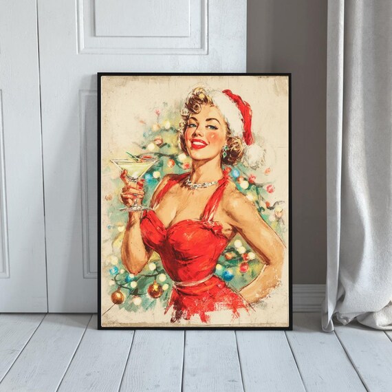 Vintage Christmas Pinup with Martini Retro Holiday Glamour Poster