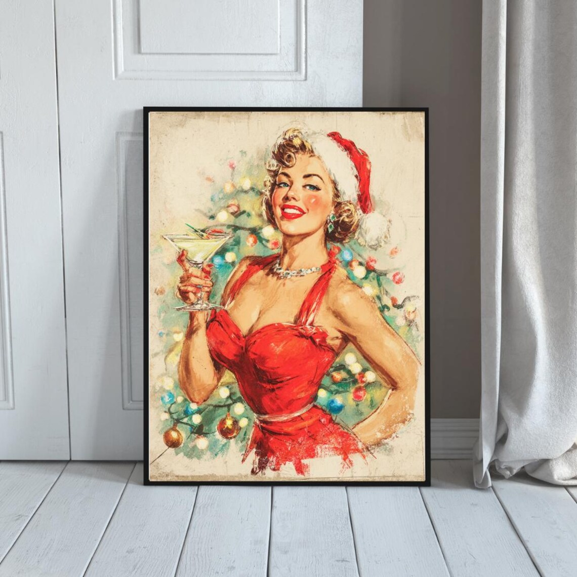 Vintage Christmas Pinup with Martini Retro Holiday Glamour Poster