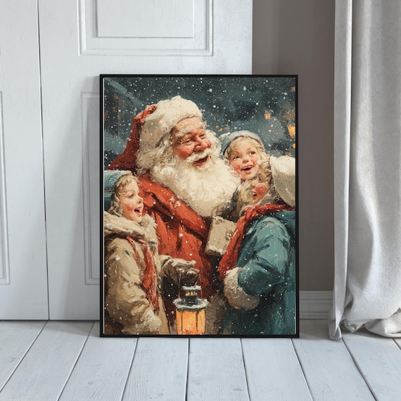 Santa Claus With Children Caroling Snow Vintage Christmas Night Poster