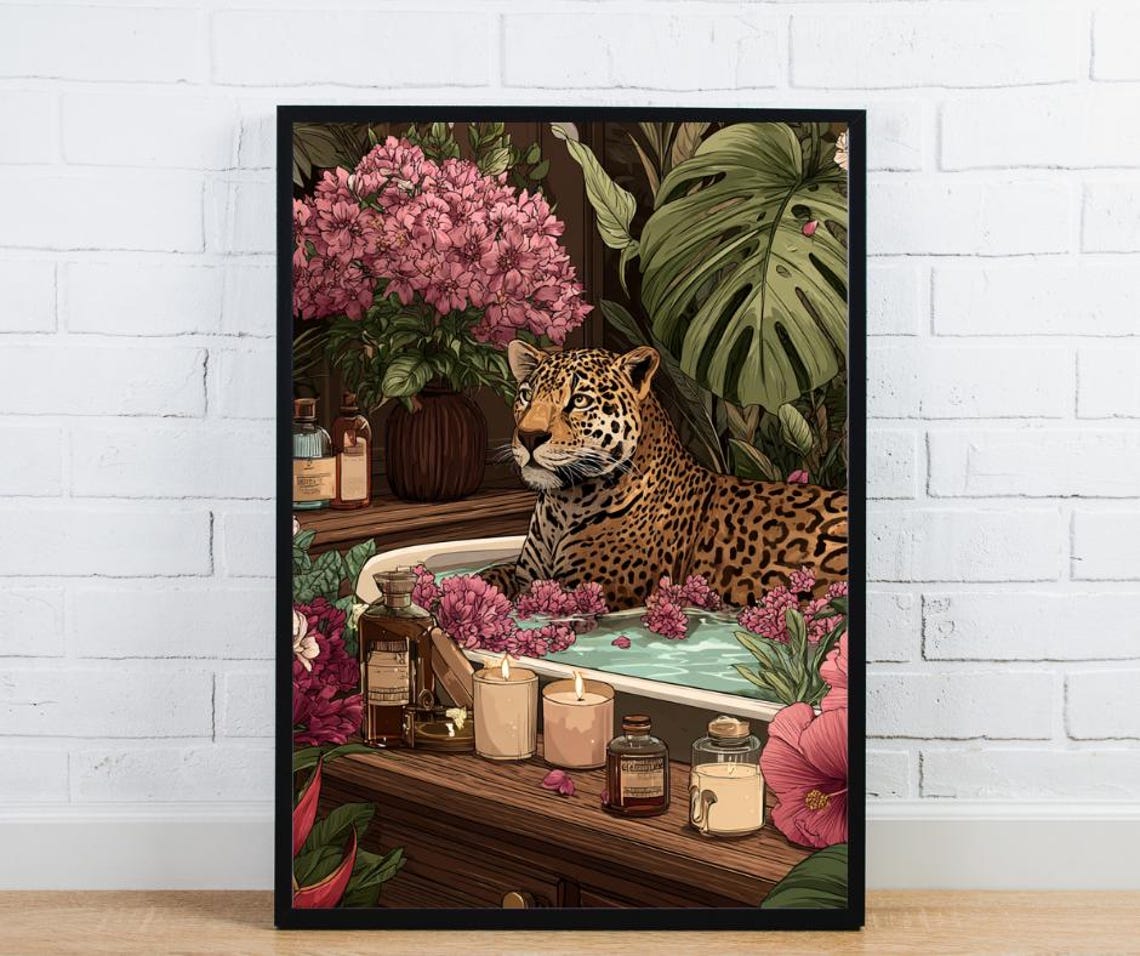 Leopard Bath Art Print Tropical Botanical Home Decor