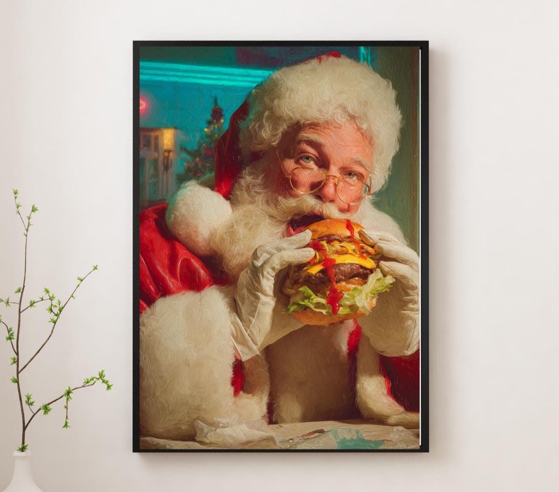 Funny Santa Claus Eating Cheeseburger at Retro Diner Art Poster