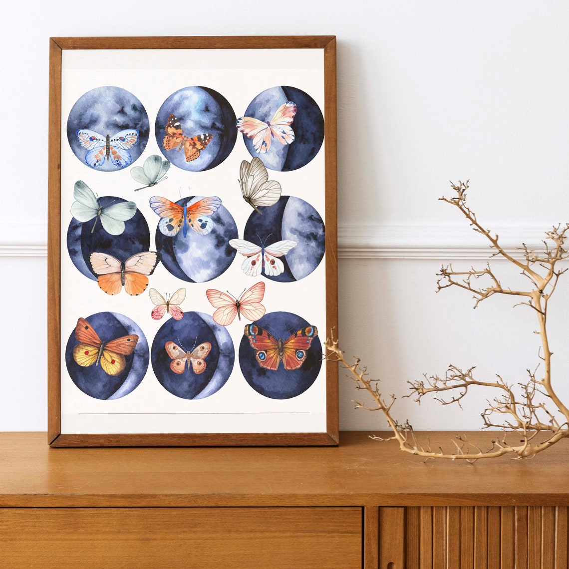 Butterflies And Moon Phases Ink Blue Celestial Watercolor Wall Art - Image 3