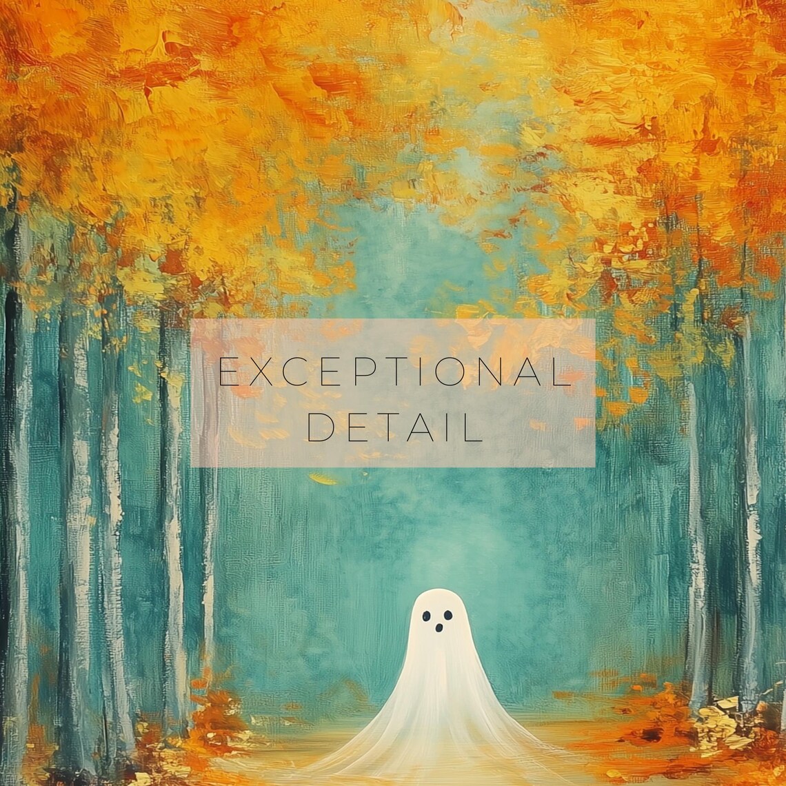 Cute Ghost In Autumn Birch Forest Path Vibrant Orange Foliage Art Poster - Image 2
