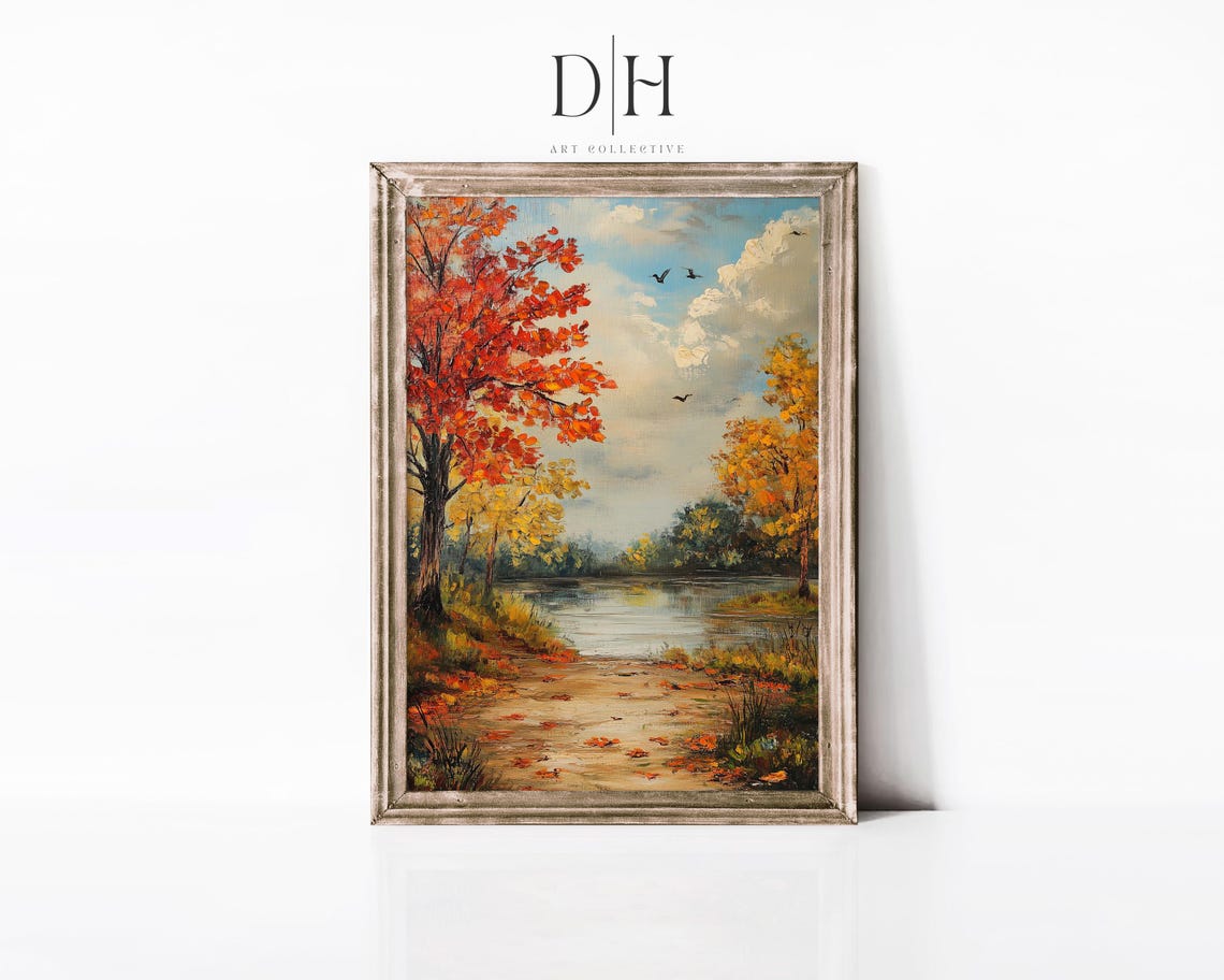 Autumn Lakeside Path Red Tree Calm Lake Vintage Fall Landscape Poster