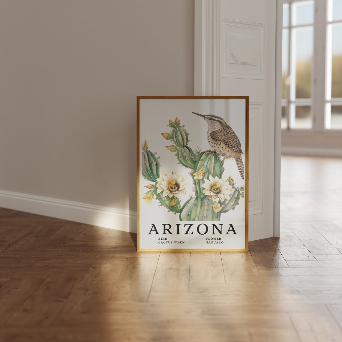 Arizona Cactus Wren Saguaro Bird and Flower Botanical Art Print - Image 3
