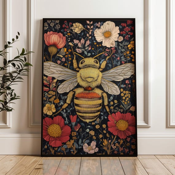 William Morris Inspired Art Print Bee Wall Decor Insect Artwork Nature Living Room Cottagecore Bedroom Wall Art