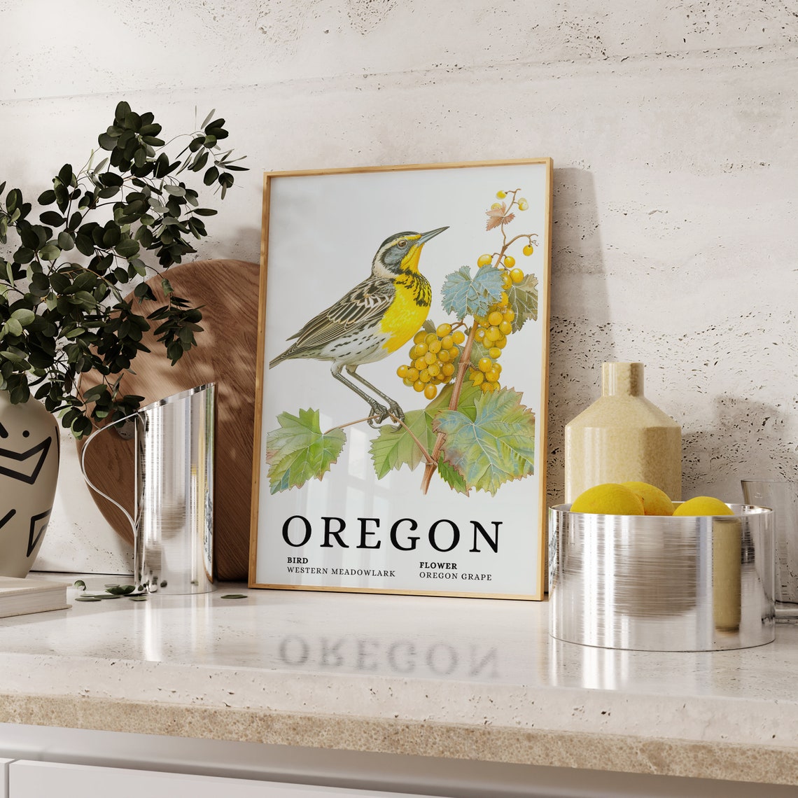 Oregon Western Meadowlark Oregon Grape Bird and Flower Art Print - Image 2