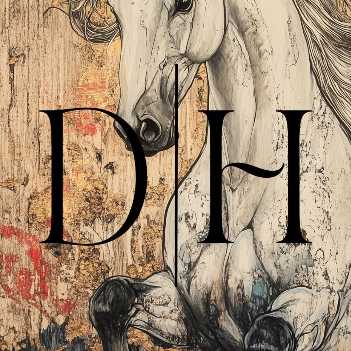 White Horse Rearing Aged Gold Black Ground Red Flowers Vintage Poster - Image 3