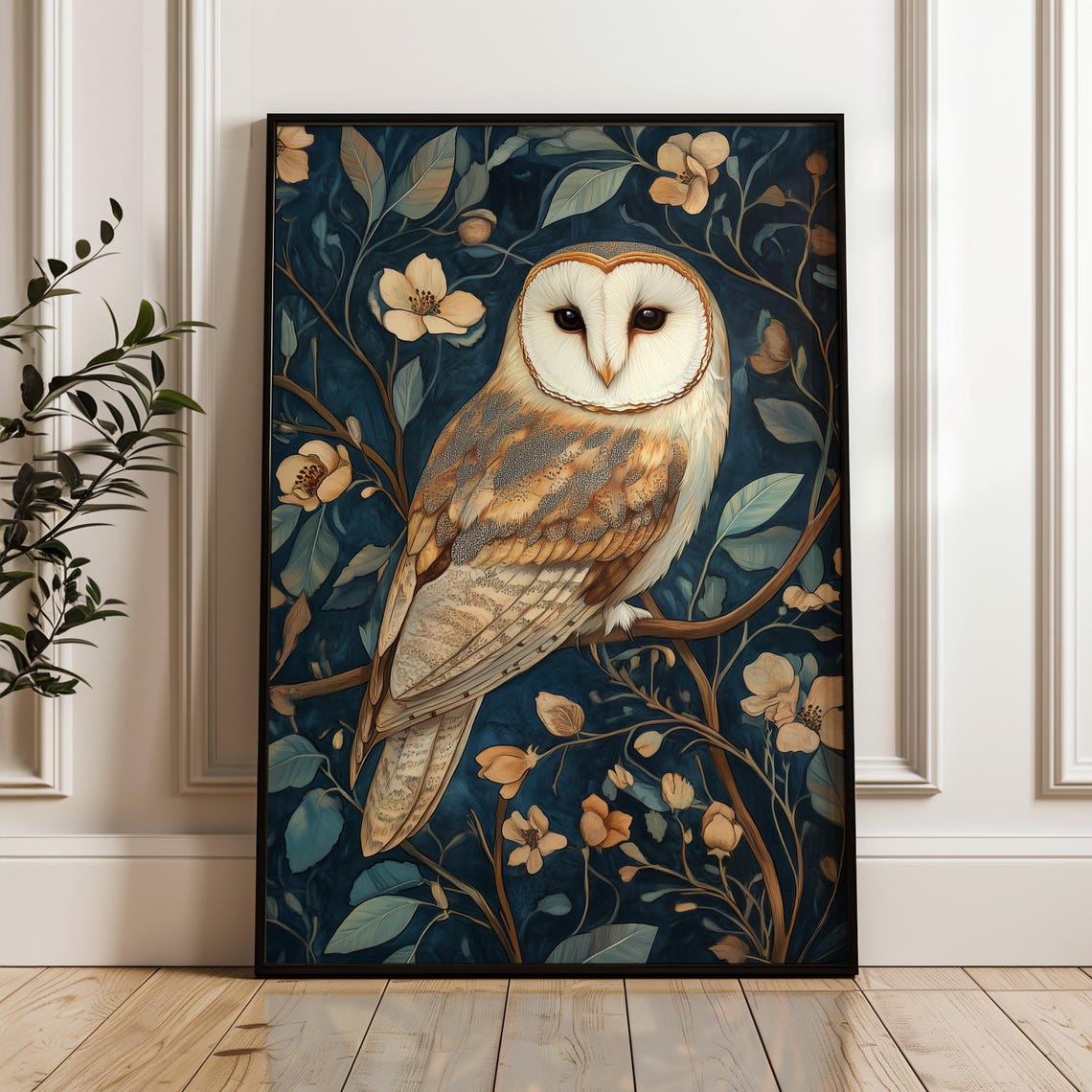 Barn Owl Perched On Branch Golden Blossoms Deep Teal Art Poster