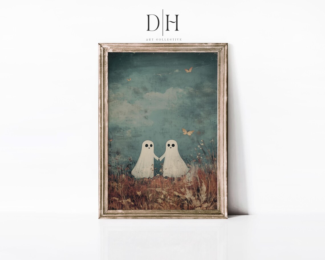 Two Ghost Friends Holding Hands Butterflies Moody Fall Halloween Poster
