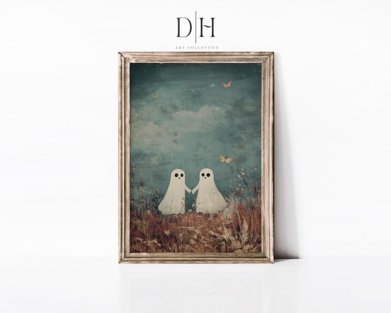 Cute Ghost Landscape Print Moody Oil Painting Halloween Artwork Authentic Autumn Field Seasonal Print Wall Art Fall