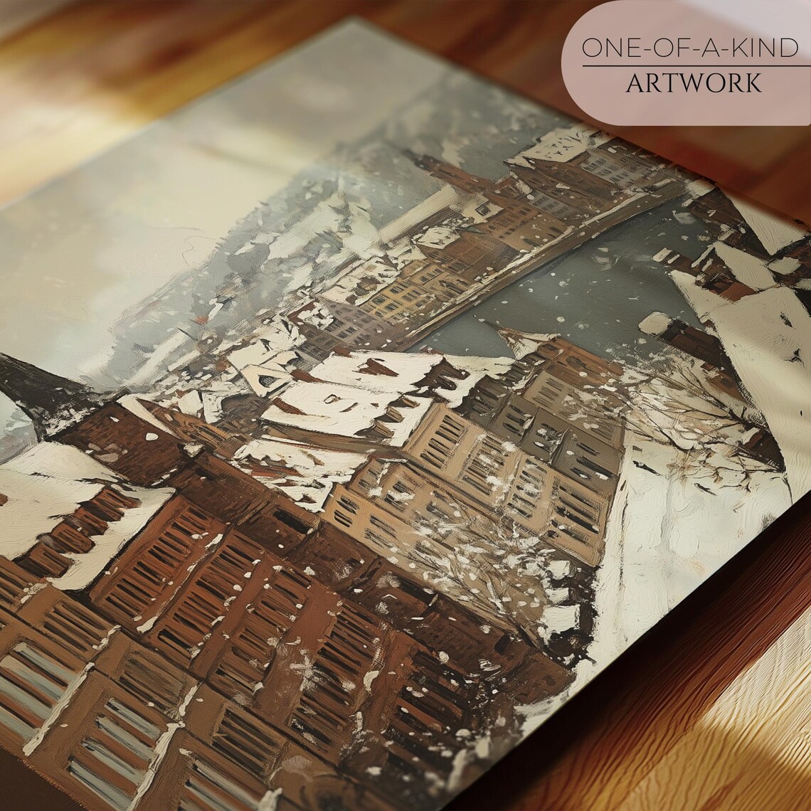 Snowy European Old Town Church Spires Winter Cityscape Art Poster - Image 2