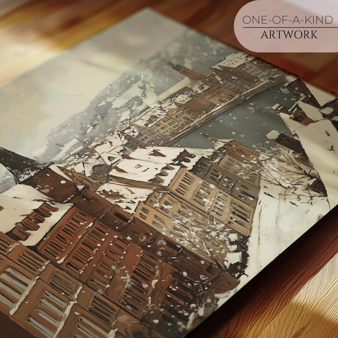 Winter Wonderland European Town Painting Snowy Cityscape Art Print Rustic Winter Wall Art Cozy European Village Decor - Image 2