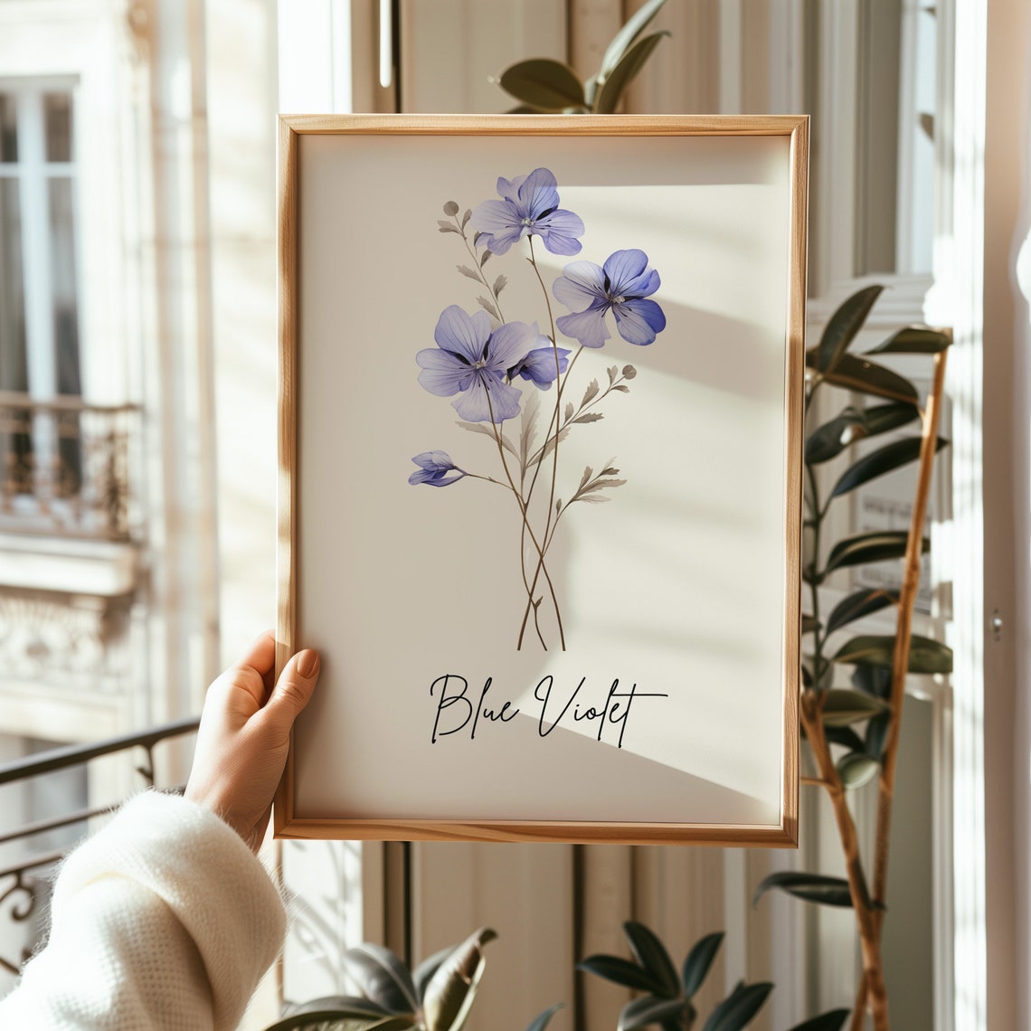Blue Violet Watercolor Botanical Line Art Wildflower Wall Print