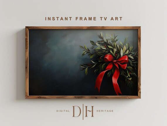 Christmas Frame Tv Art Dark Moody Antique Botanical Green Mistletoe With Red Bow Frame Tv Art Holiday Decor