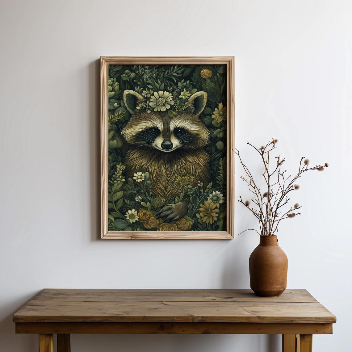 Raccoon Portrait Flower Crown Dark Green Botanical Nursery Art Poster - Image 2