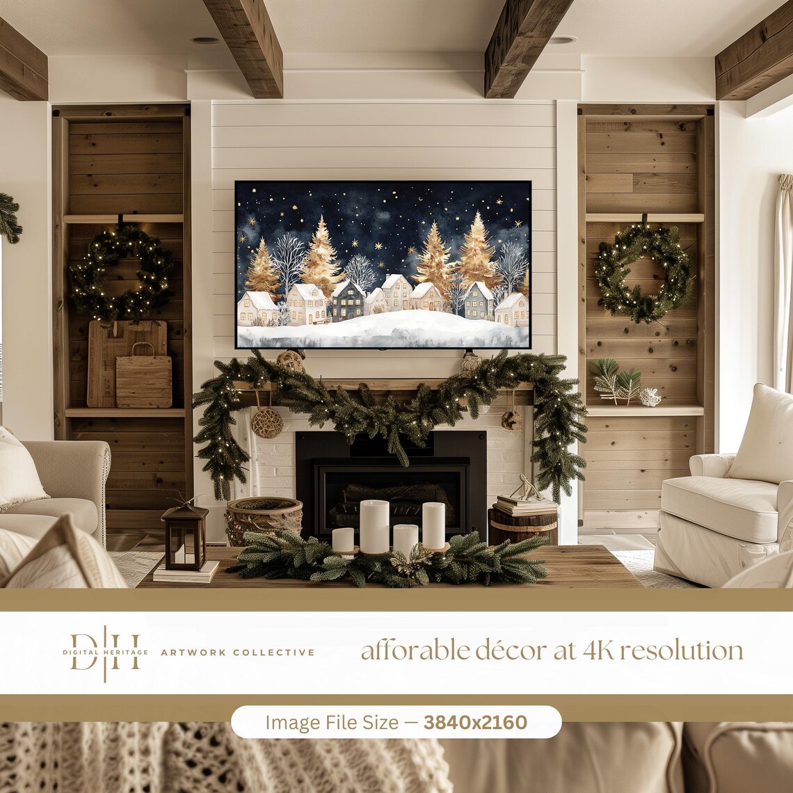 Christmas Village Tv Art Cozy Holiday Gold Xmas Snowy Village Painting Frame Tv Art Winter Decor - Image 2