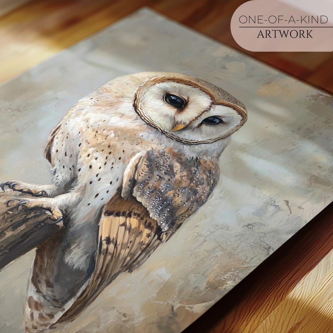 Barn Owl Perched On Wooden Post Neutral Farmhouse Bird Wall Art Print - Image 2
