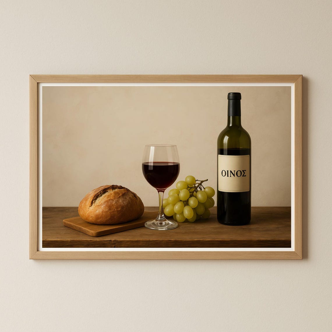 Red Wine Bottle Glass Grapes Bread Rustic Kitchen Still Life Poster