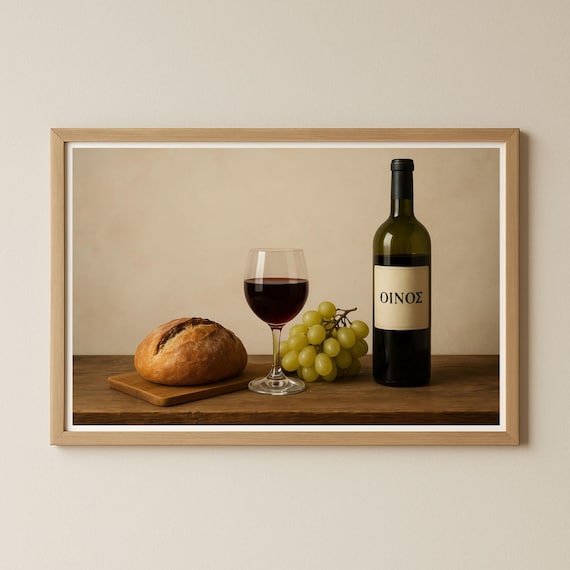 Red Wine Bottle Glass Grapes Bread Rustic Kitchen Still Life Poster