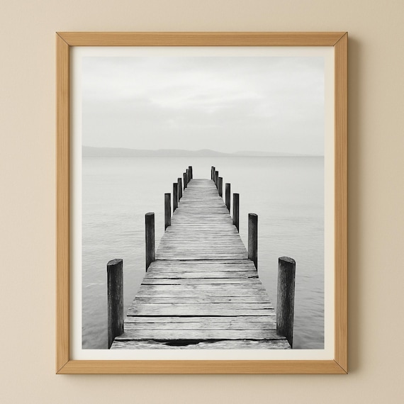Black and White Wooden Pier over a Misty Lake Minimalist Photo Poster