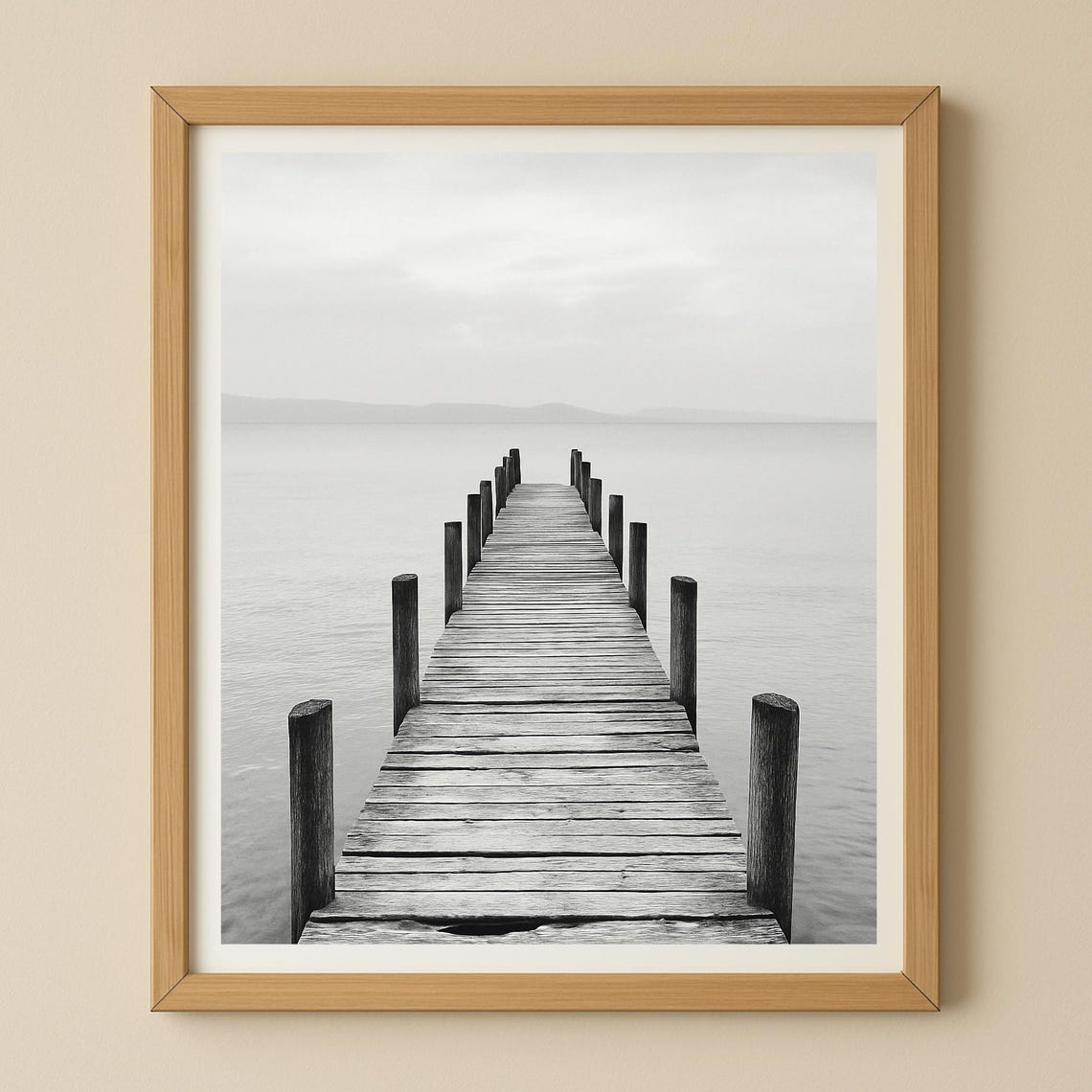 Black and White Wooden Pier over a Misty Lake Minimalist Photo Poster