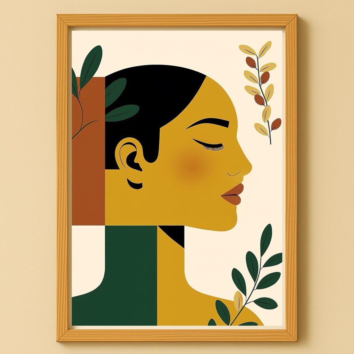 Abstract Minimalist Woman Profile with Leaves Modern Boho Art Poster