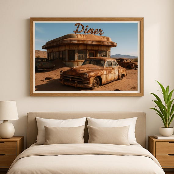Desert Diner Wall Art Vintage Rusty Car Poster Abandoned Gas Station Retro Americana Landscape Apocalyptic