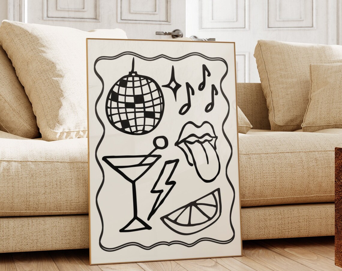 Disco Ball Martini Tongue Out Doodle Icons Black White Party Poster - Image 4