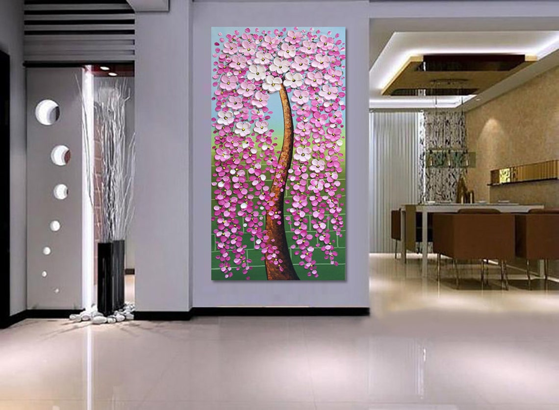 Weeping Pink White Cherry Blossom Tree Green Blue Oil Poster - Image 2