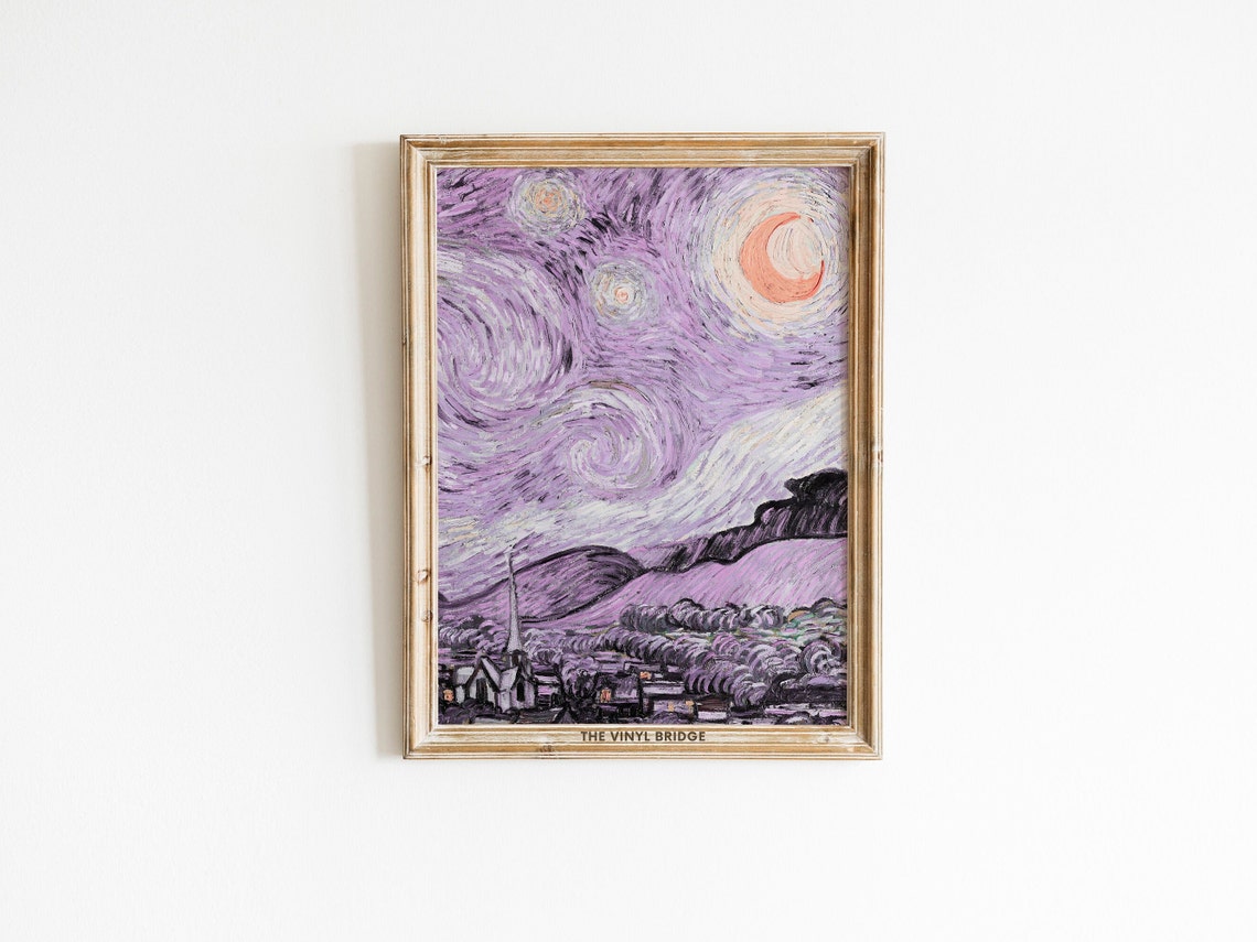 Purple Starry Night Crescent Moon Altered Art Dreamy Wall Poster - Image 2