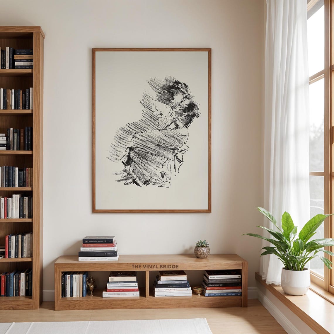 Elegant Woman Reading Book Charcoal Sketch Vintage Art Poster - Image 2