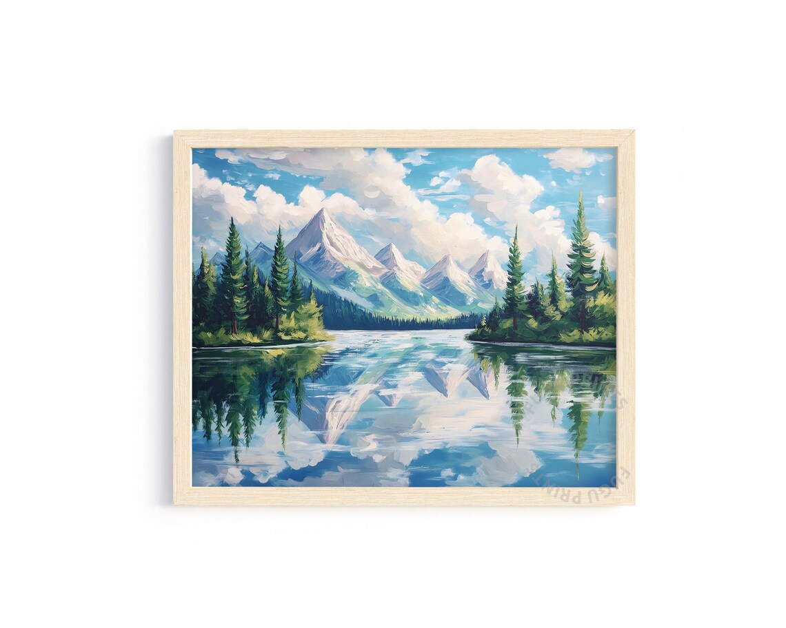 Mountain Lake Reflection, Impressionist Landscape