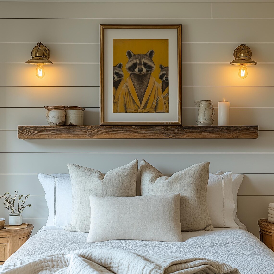 Three Raccoons in Yellow Bathrobes on Mustard Background Funny Poster - Image 2