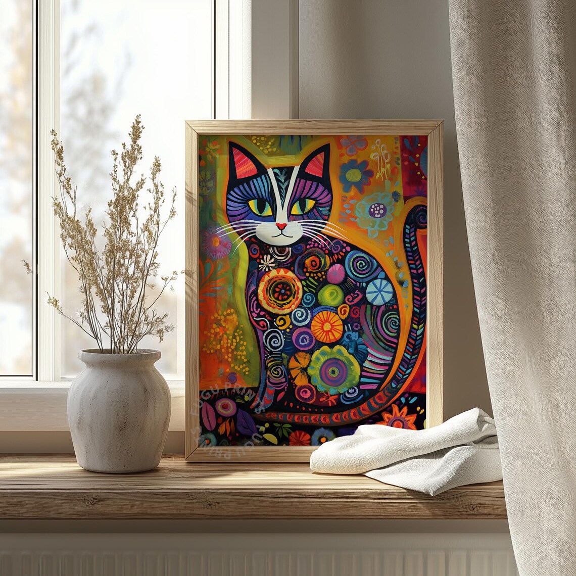 Colorful Cat Art, Whimsical Boho Decor - Image 4