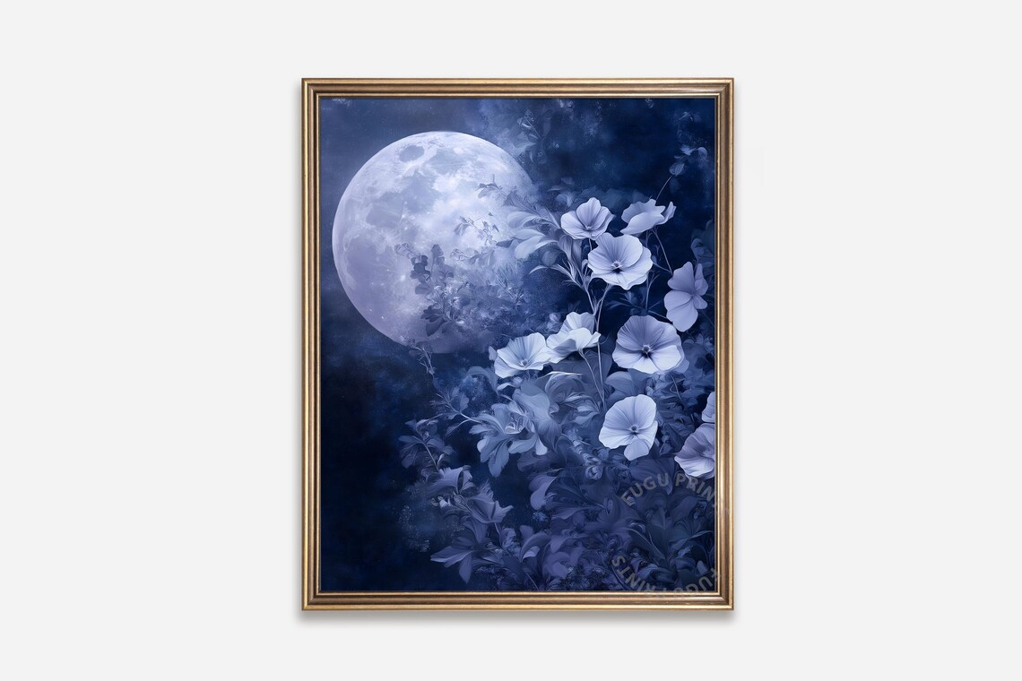 Moonlit Floral Art Print, Celestial Boho Decor