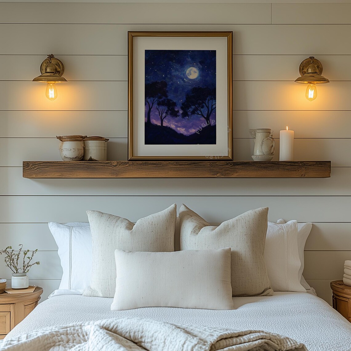 Moonlit Night Art Starry Sky Wall Art Impressionist Landscape Blue Purple Celestial Home Decor 269 - Image 2