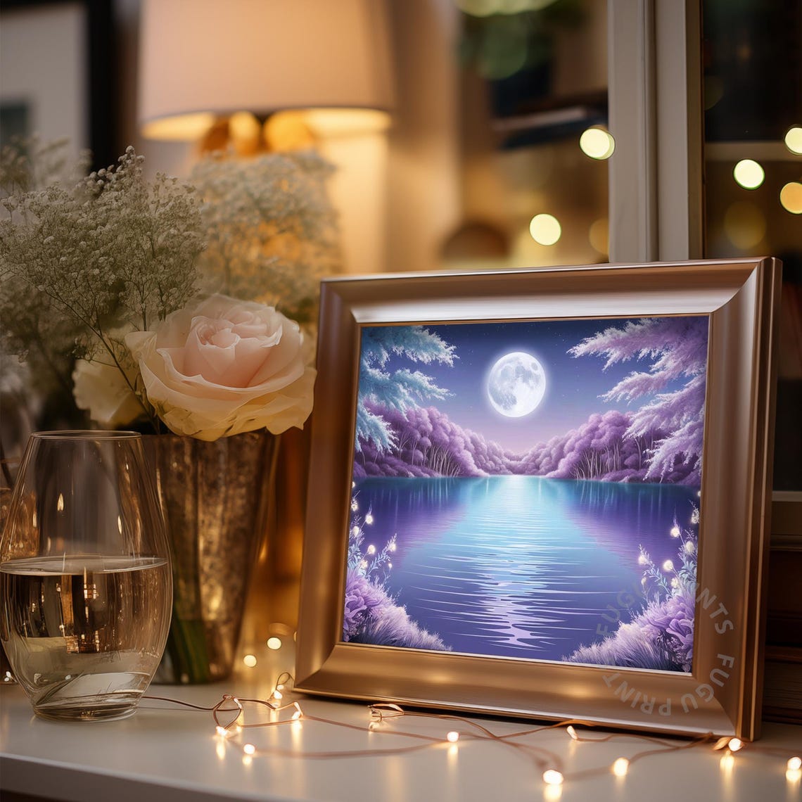 Full Moon Lake Art Ethereal Landscape Wall Art Purple Home Decor 368 - Image 3