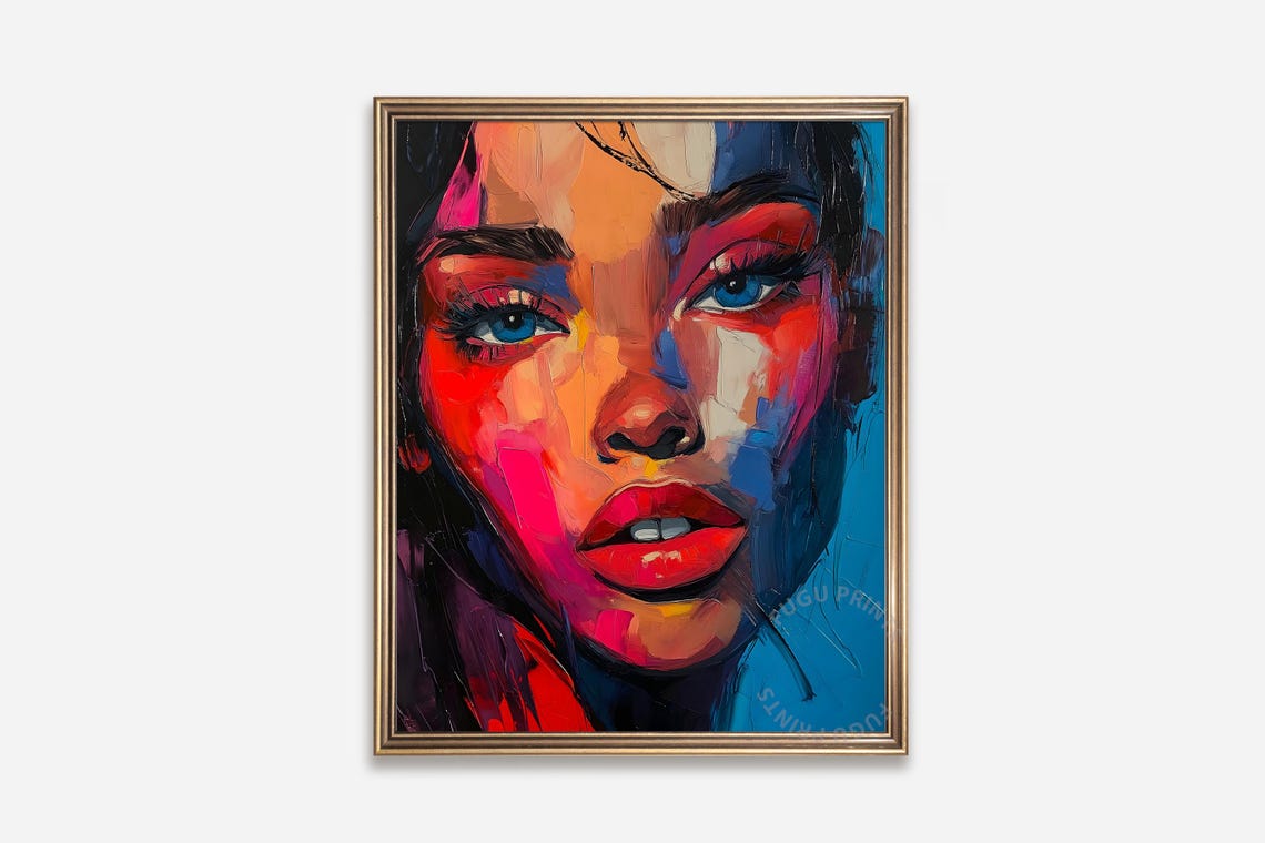 Abstract Woman Portrait Bold Colors Modern Wall Art Blue Eyes 153
