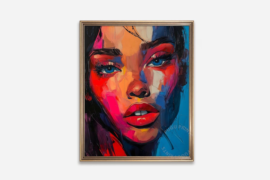 Bold Colorful Abstract Woman Portrait Blue Eyes Impasto Poster