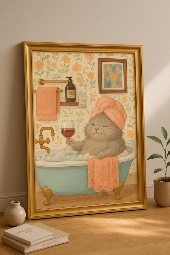 Fluffy Cat in Bubble Bath with Wine Funny Bathroom Art Poster
