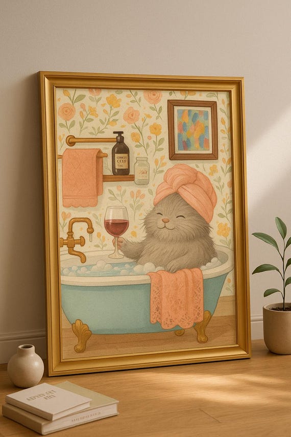 Funny Cat Bathroom Wall Art Relaxing Black Print Quirky Animal Decor Modern Whimsical Artwork