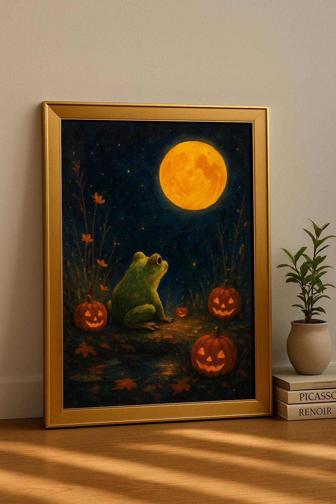 Frog Gazing at Full Moon on Halloween Night Whimsical Poster