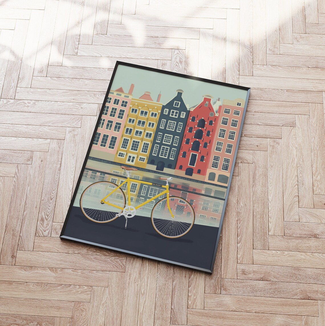 Amsterdam Canal House Row Yellow Bicycle Water Reflection Art Poster - Image 2
