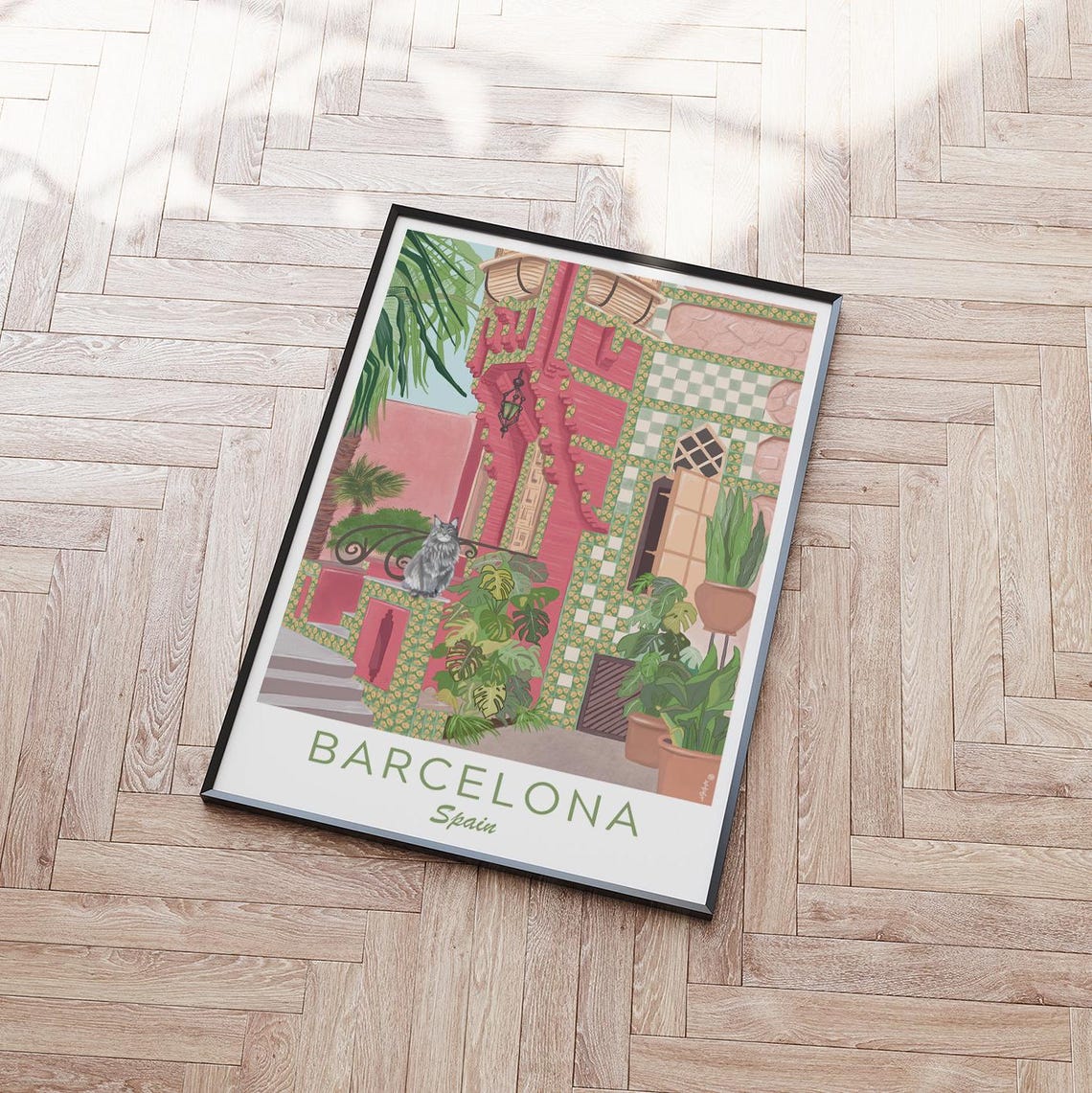Barcelona Spain Gaudi Style Mosaic Facade Grey Cat Palm Trees Poster - Image 3
