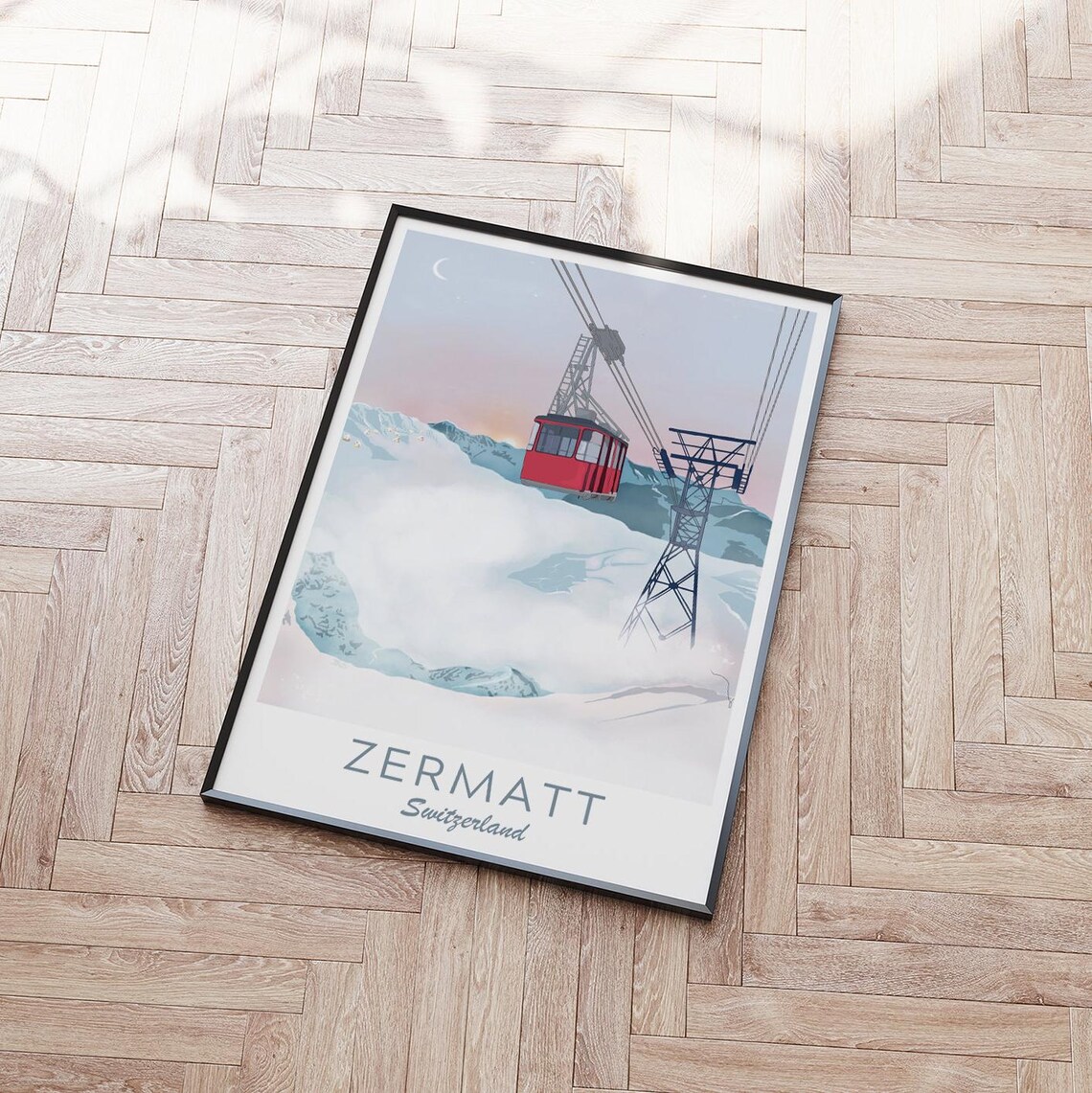Zermatt Switzerland Red Cable Car Snowy Alps Dusk Travel Poster - Image 3