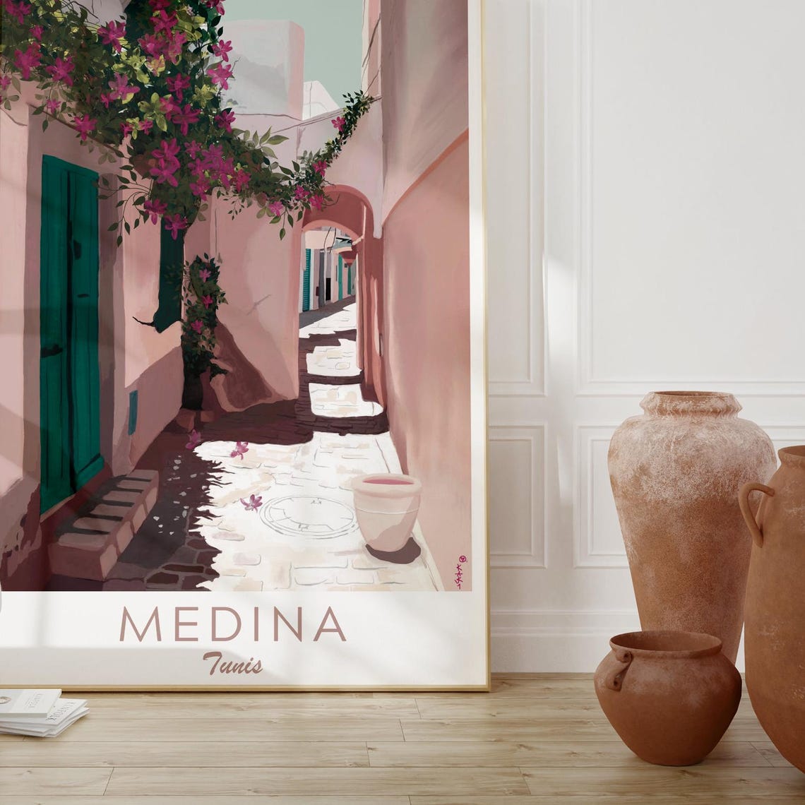 Medina Tunis Bougainvillea Alley Teal Door Whitewashed Walls Poster - Image 4