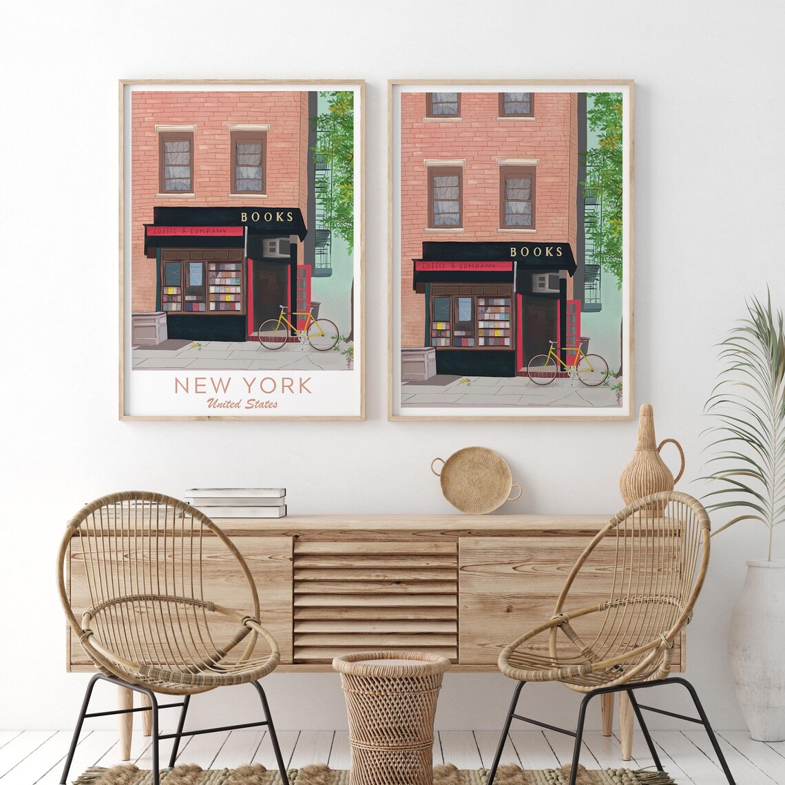 New York Bookshop Coffee and Company Yellow Bicycle Brownstone Poster - Image 2