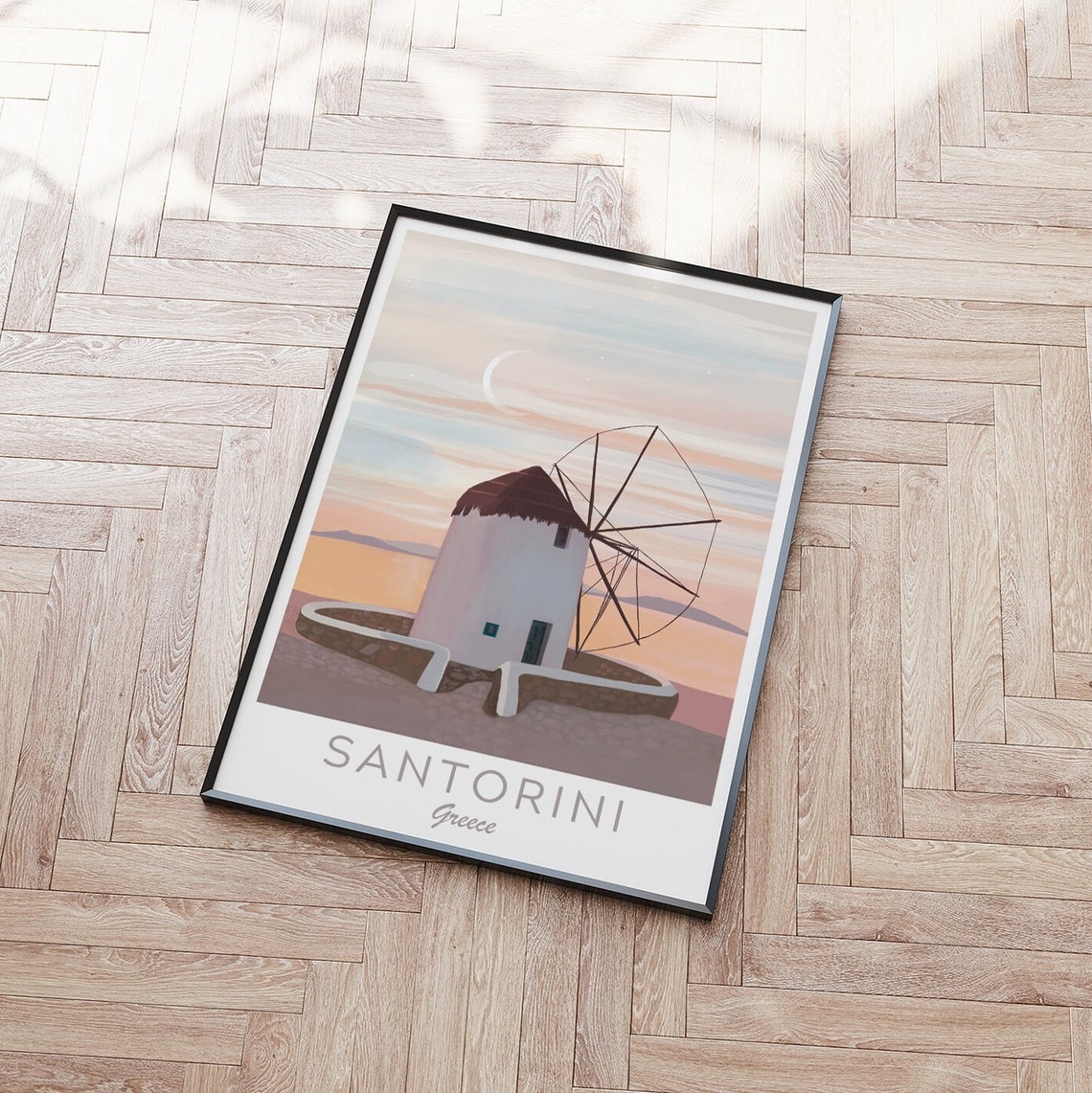 Santorini Greece White Windmill Sunset Crescent Moon Sea View Poster - Image 2