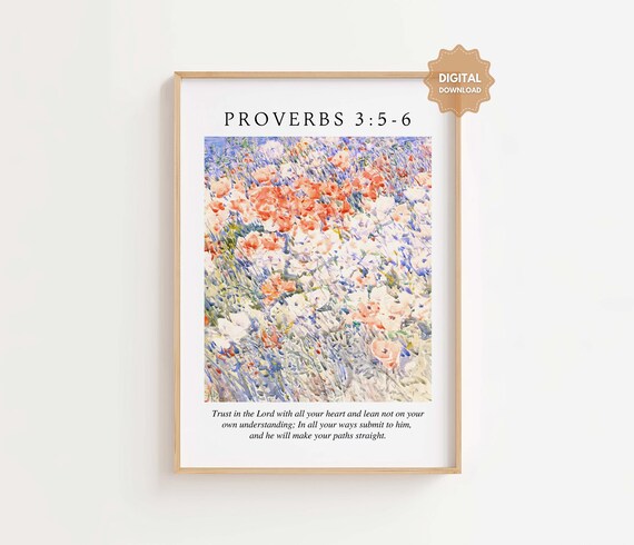 Proverbs 356 Niv Trust In The Lord With All Your Heart Bible Verse Wall Art Christian Floral Scripture Print Church Decor